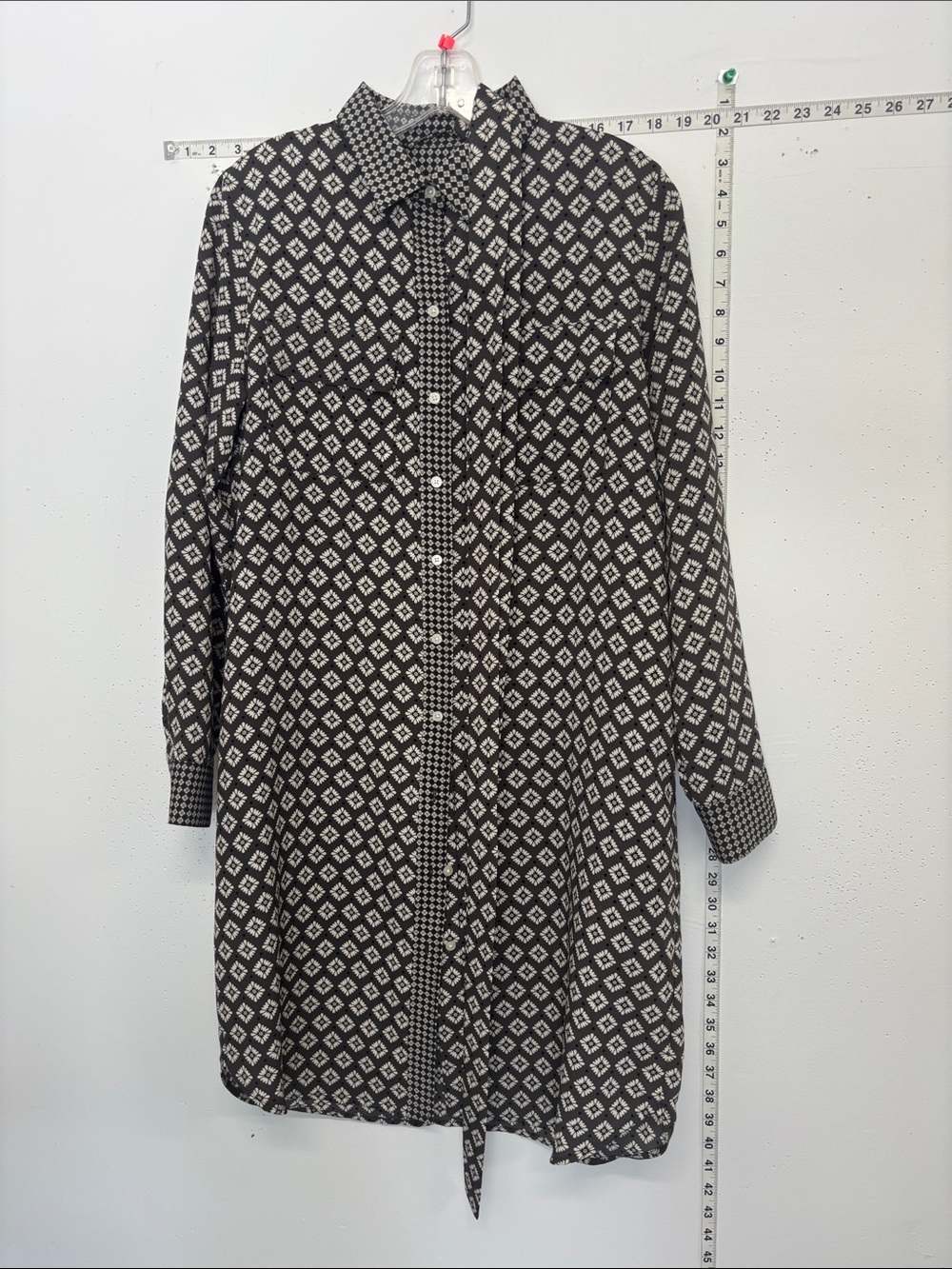 LOFT Black and Cream Geometric Button-Front Long Shirt Dress
